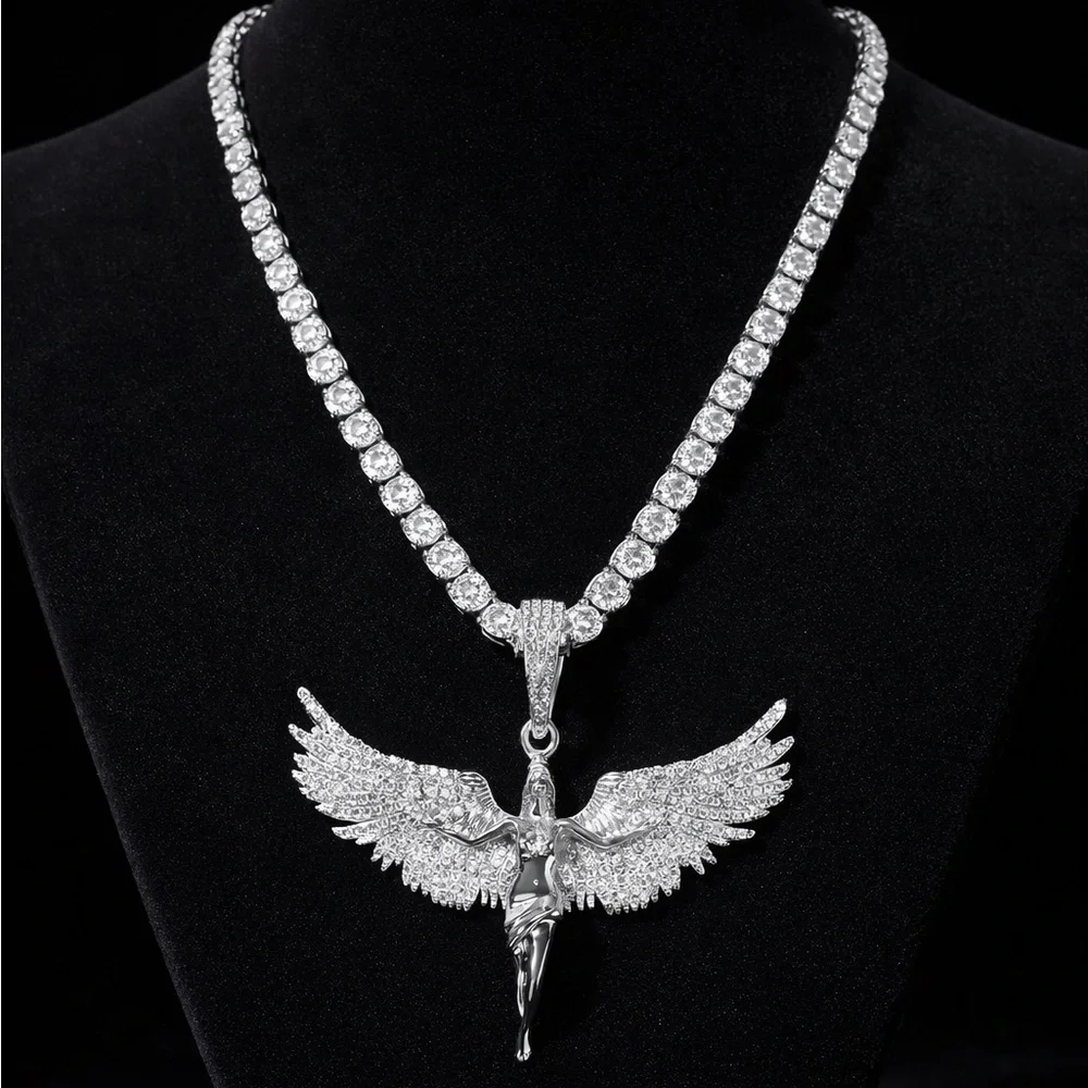 Crystal Angel Wing Pendant Necklace in Silver Tone 20inch